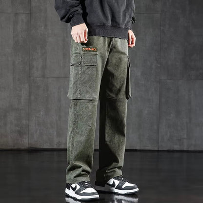 New Men'S Loose Cargo Jeans Outdoor Paratrooper Straight Pants Fashionable Stretch Loose Wide Leg Pants Large Size 4XL 5XL