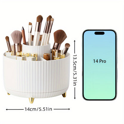 360° Rotating Makeup Organizer - 1pc Plastic Cosmetic Storage with 5 Compartments - Multi-Functional Holder for Brushes, Lipsticks, Skin Care Products, and Stationery - Durable Unscented Desk Caddy with Luxury Stripe Design Beauty Fashion