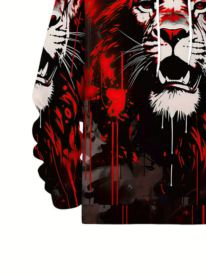 Plus Size Men's Fashion 3D Lion Print 2pcs Sportswear Set Fashion Long Sleeve Hoodie and Sport Trousers Suitable for Spring and Autumn Outdoor, PLUS SIZE Beauty World Shop