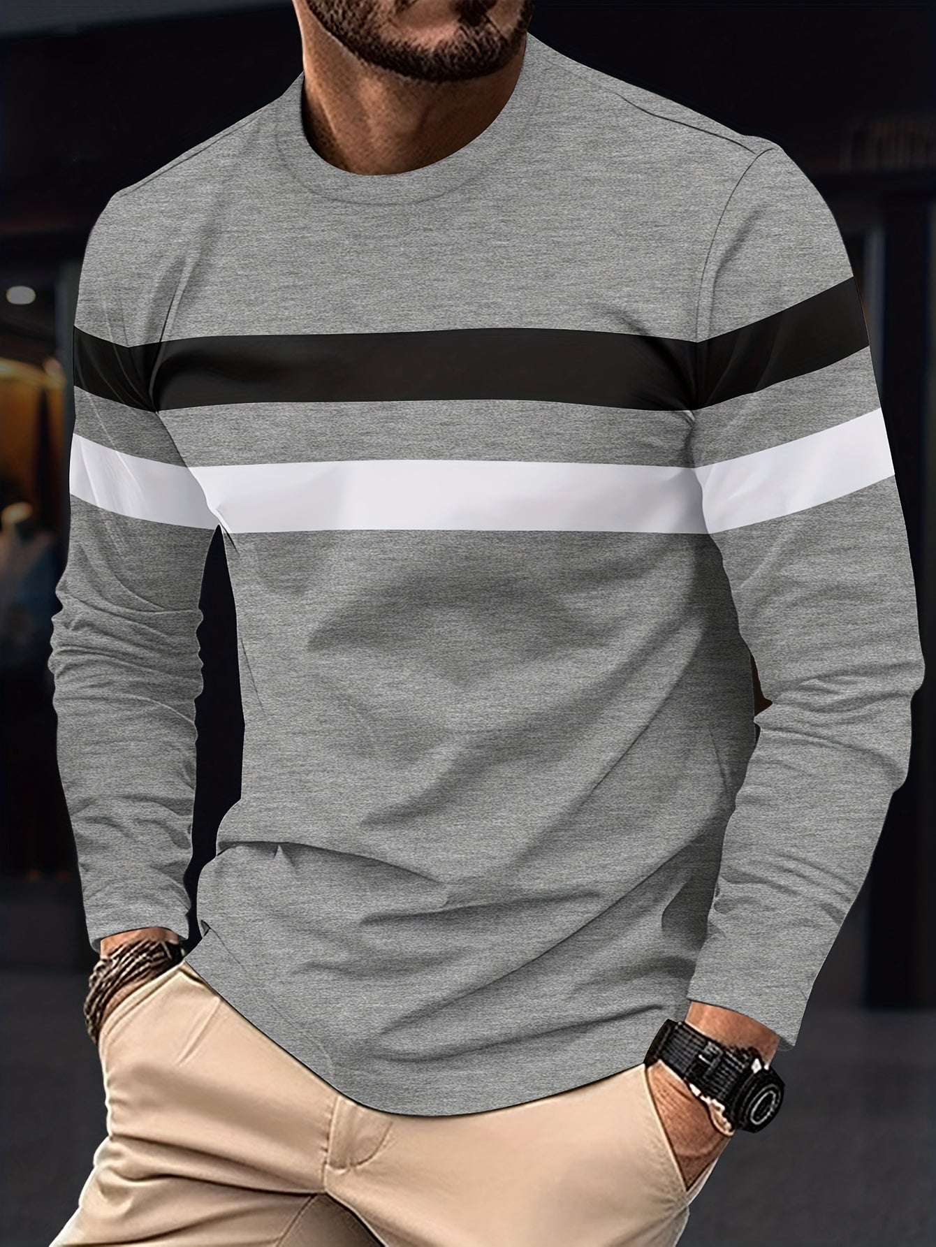 Men's Long Sleeve Crew Neck T-Shirt - Polyester Blend, Basic Solid Color with Color Block Detail, Slight Stretch Knit, Casual Sport Style, for Spring/Fall Beauty World Shop