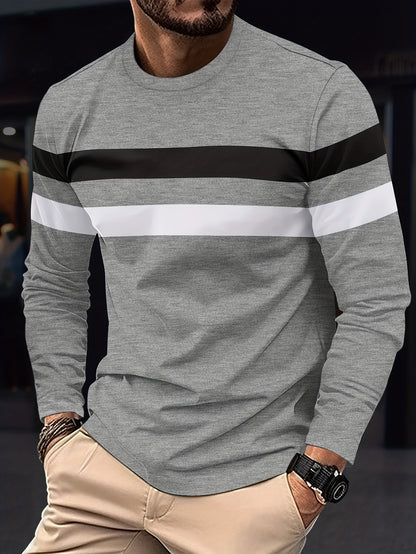 Men's Long Sleeve Crew Neck T-Shirt - Polyester Blend, Basic Solid Color with Color Block Detail, Slight Stretch Knit, Casual Sport Style, for Spring/Fall Beauty World Shop