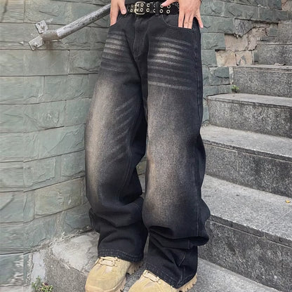 Vintage Men Y2K Stretchy Baggy Denim Jeans for Men Fashion Casual Pants Streetwear Denim Hip Hop Wide-Leg Straight Trousers