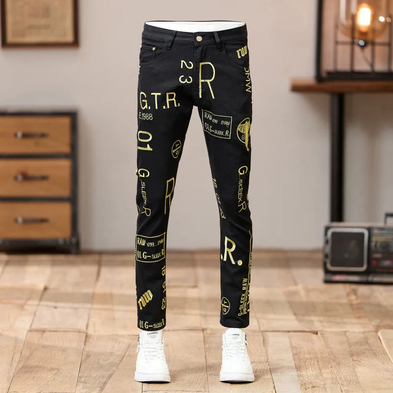 Trendy Retro Embroidered Printed Jeans for Men 2025 New Autumn Fashion Men'S Clothing Trend Brand Slim Fit Small Leg Pants