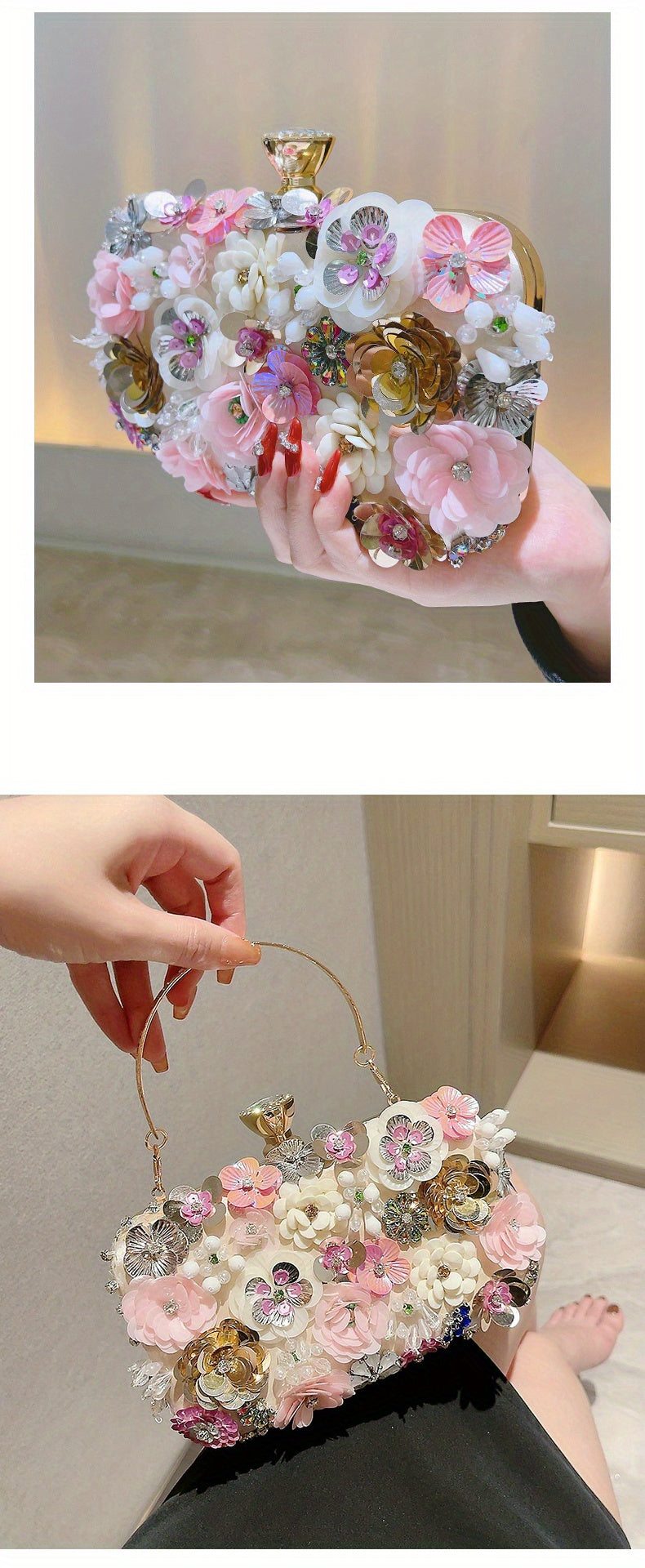3D Beaded Elegant Evening Bag, Flower Box Clutch Purse for Women's Wedding Party Prom Beauty Fashion