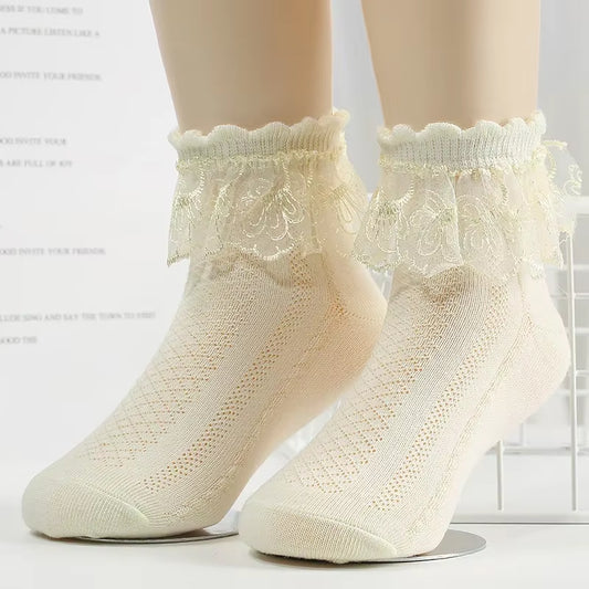 Mesh Socks Breathable Cotton Lace with Ruffle Princess Children Ankle Short Sock White Pink Yellow for Baby Girls Kids Toddler