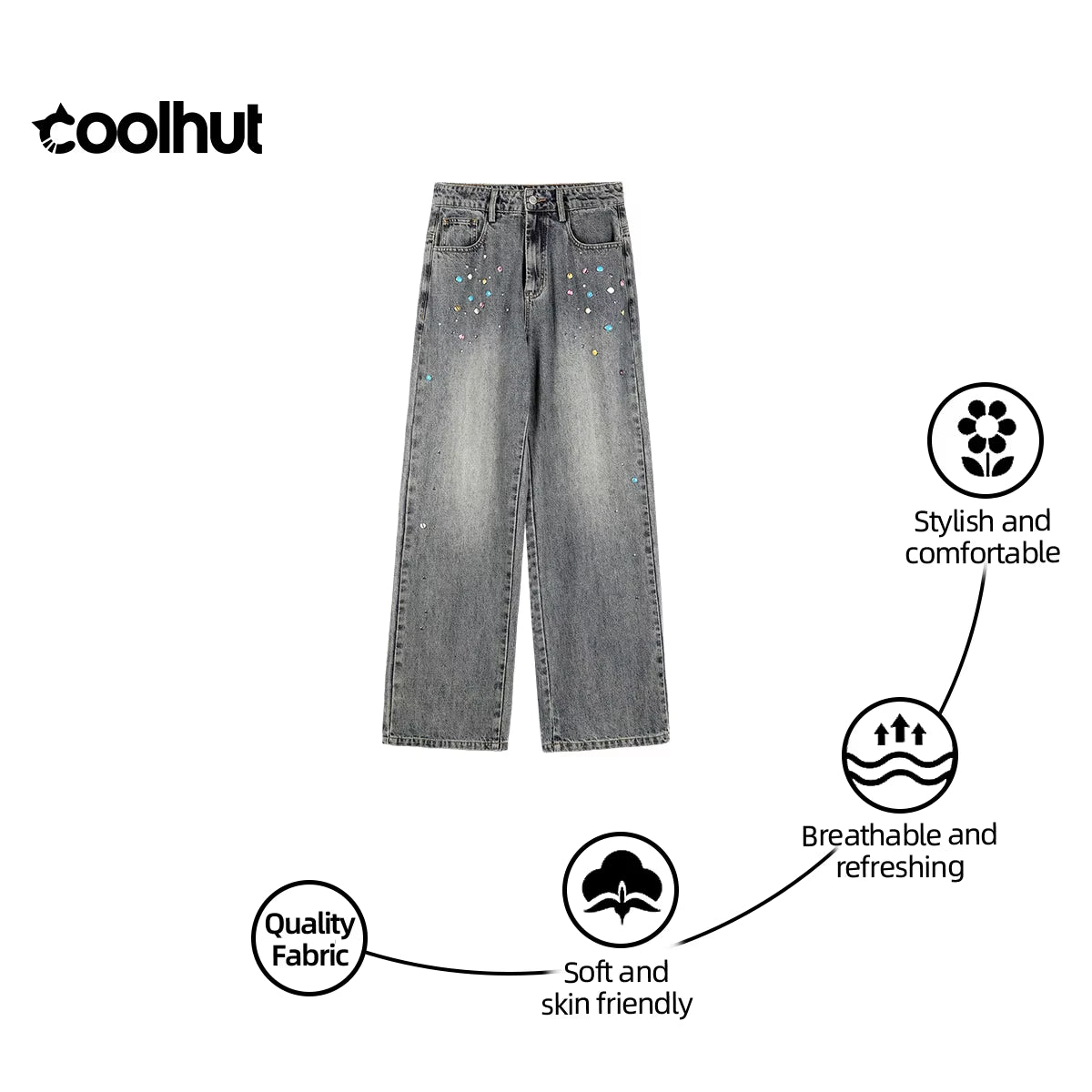 2025 High Waist Straight Wide Leg Flare Denim Pants Women Vintage Beaded Casual American Style Floor Length Draped Jeans