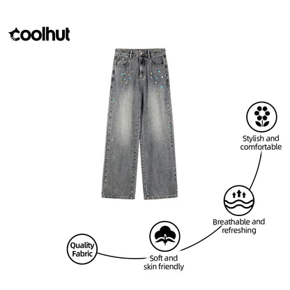 2025 High Waist Straight Wide Leg Flare Denim Pants Women Vintage Beaded Casual American Style Floor Length Draped Jeans
