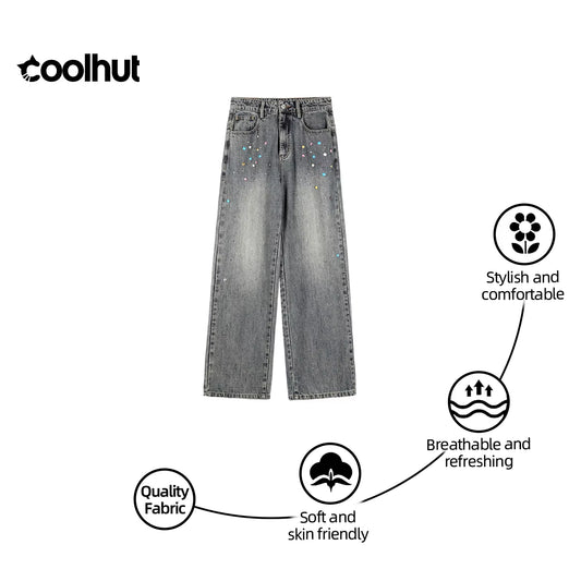 2025 High Waist Straight Wide Leg Flare Denim Pants Women Vintage Beaded Casual American Style Floor Length Draped Jeans
