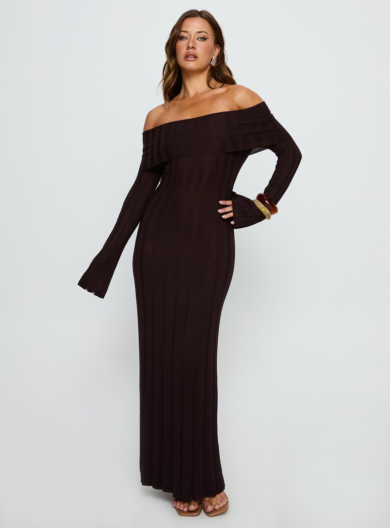 Ellouisa Long Sleeve Rib Maxi Dress Chocolate Princess Polly