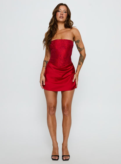 Jenevieve Strapless Drape Mini Dress Red Princess Polly