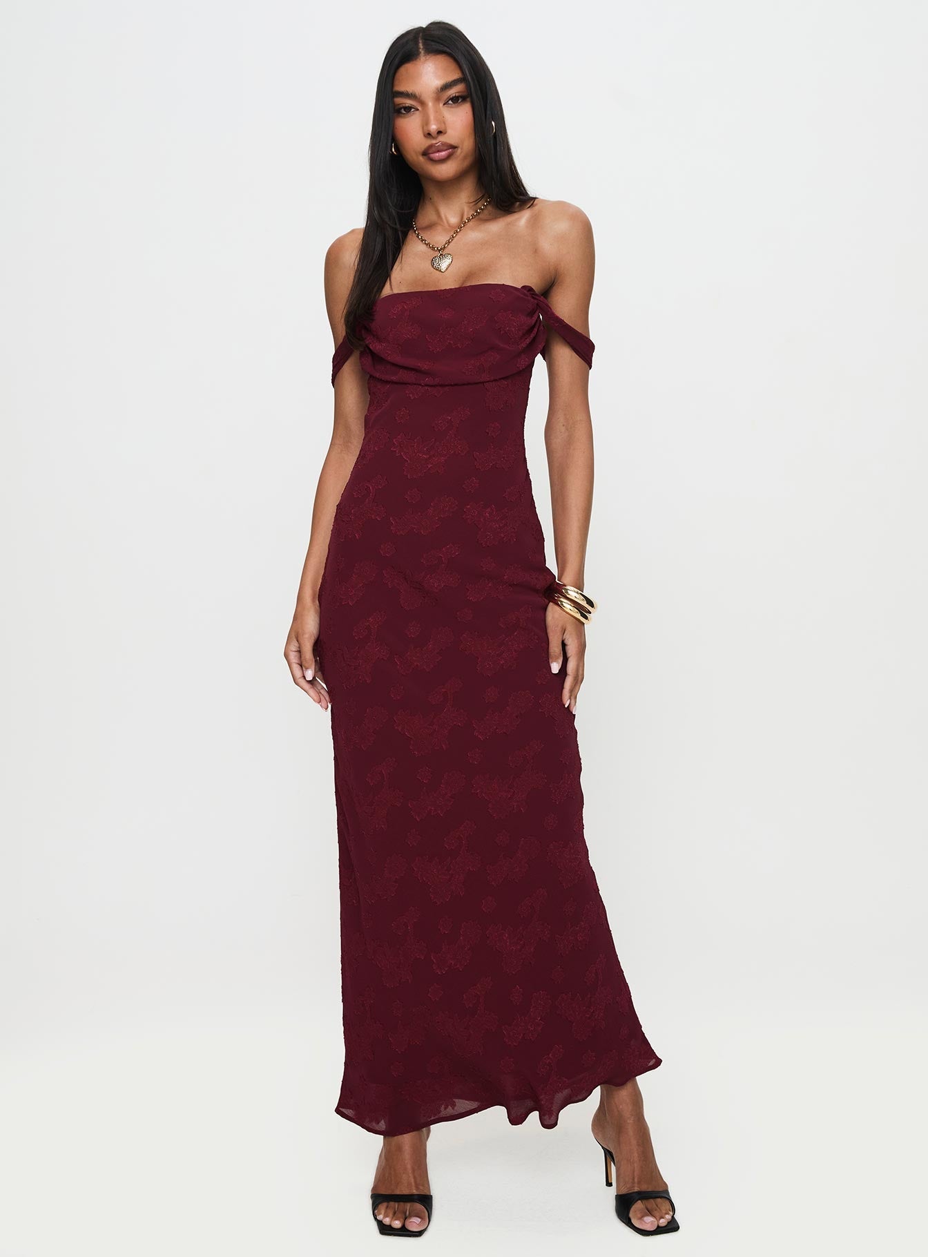 Azura Off The Shoulder Maxi Dress Burgundy Princess Polly