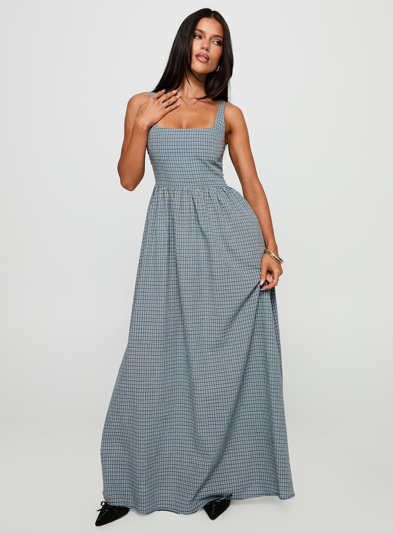Cartmel Check Maxi Dress Navy Princess Polly