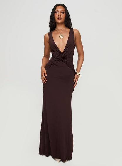 Frederica Plunge Maxi Dress Chocolate Princess Polly