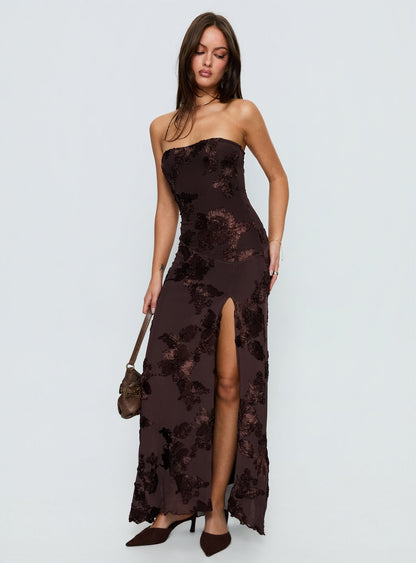 Maribeth Strapless Floral Maxi Dress Chocolate Brown Princess Polly