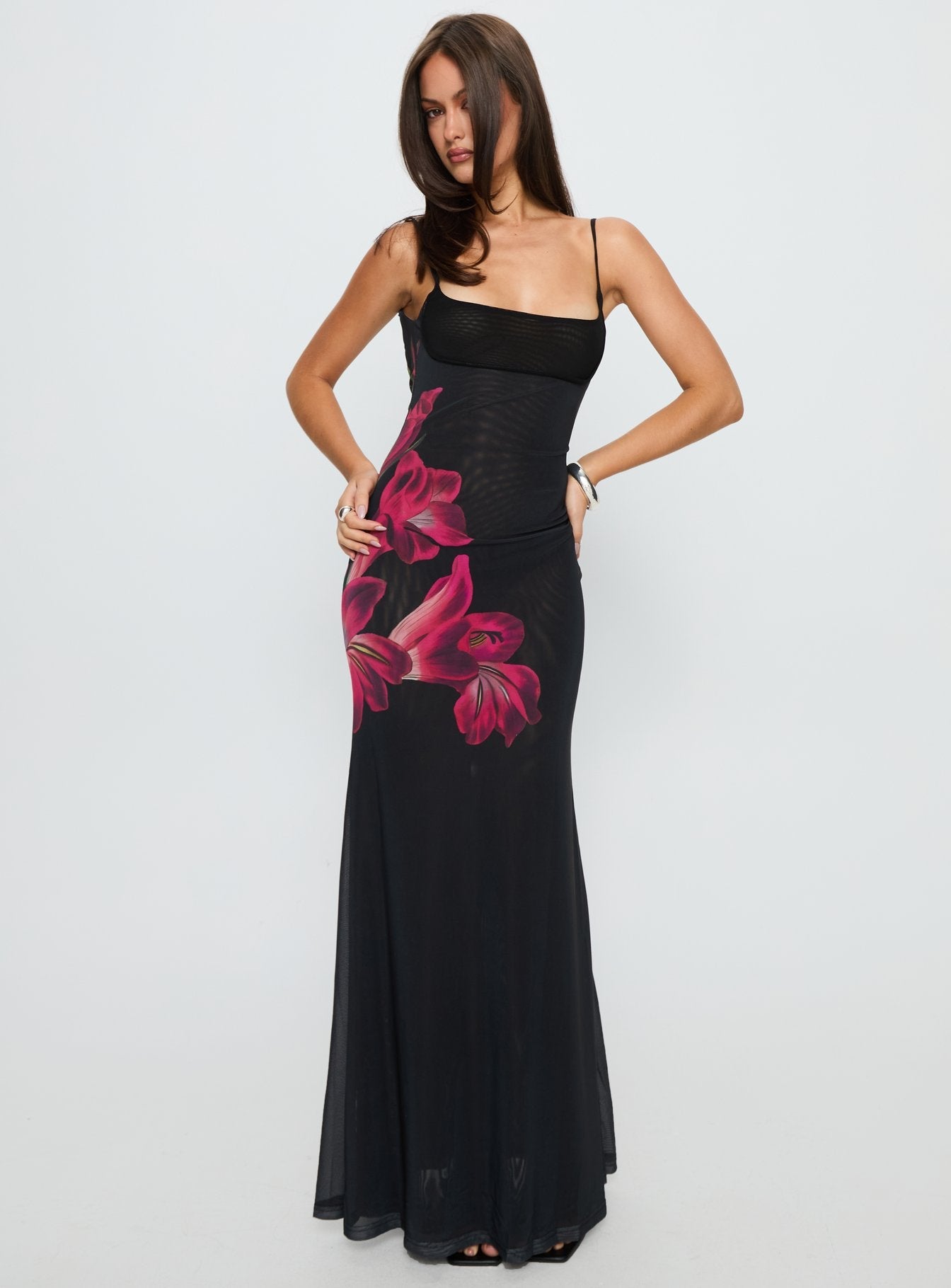 Fiadora Mesh Maxi Dress Black Floral Princess Polly