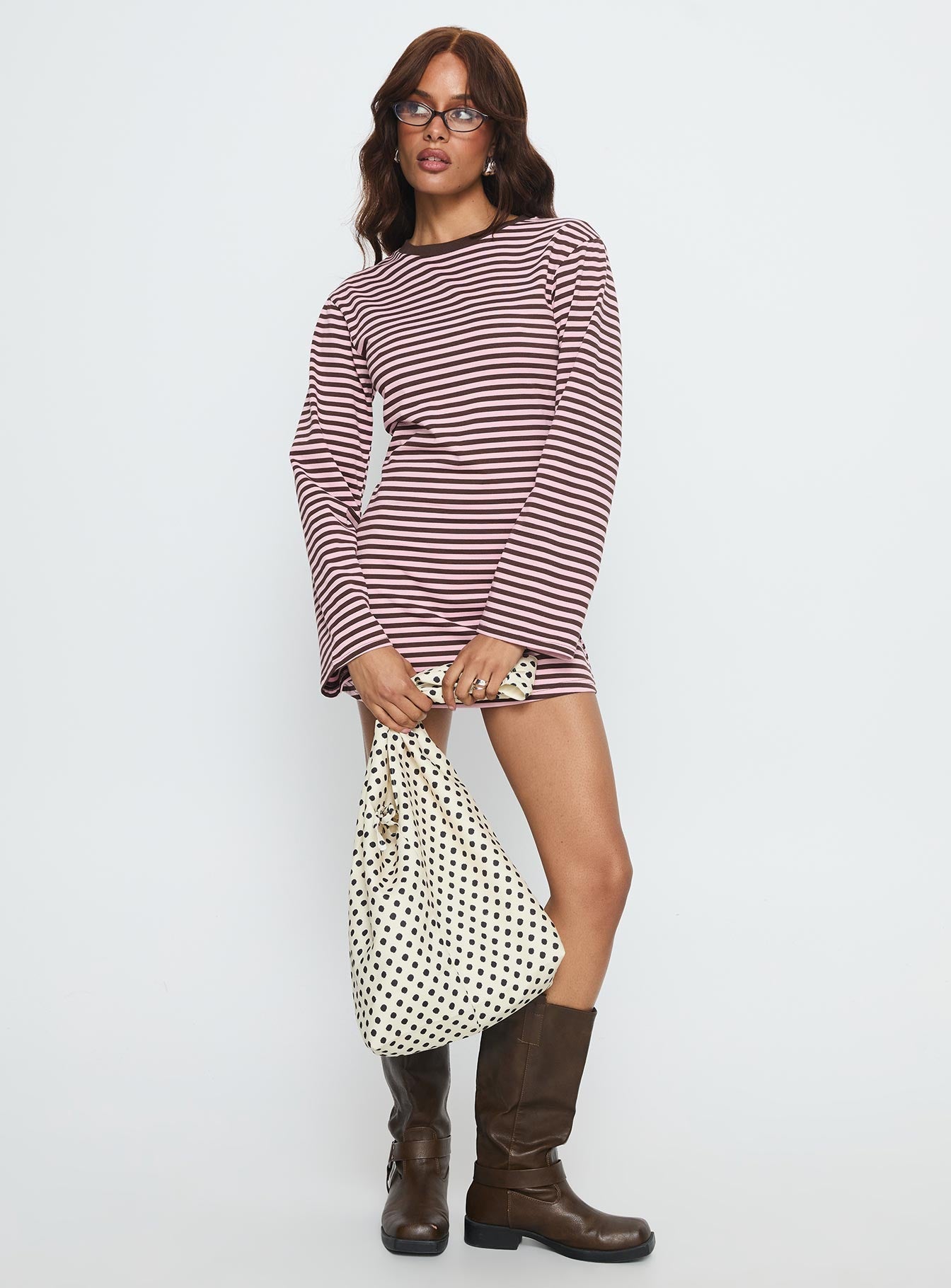 Lulolah Long Sleeve Mini Dress Chocolate / Pink Stripe Princess Polly