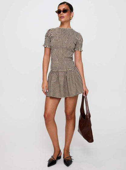 Laurita Shirred Mini Dress Brown Check Princess Polly