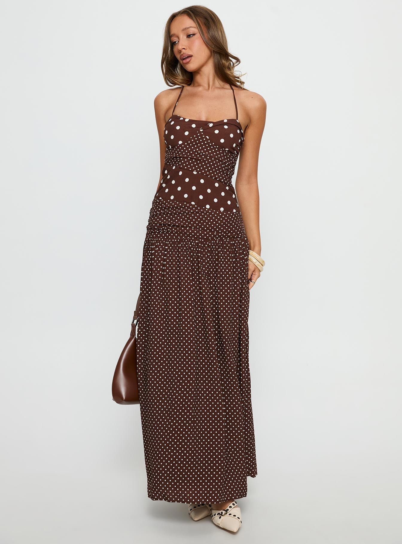 Marguerite Halter Maxi Dress Brown Polka Dot Princess Polly