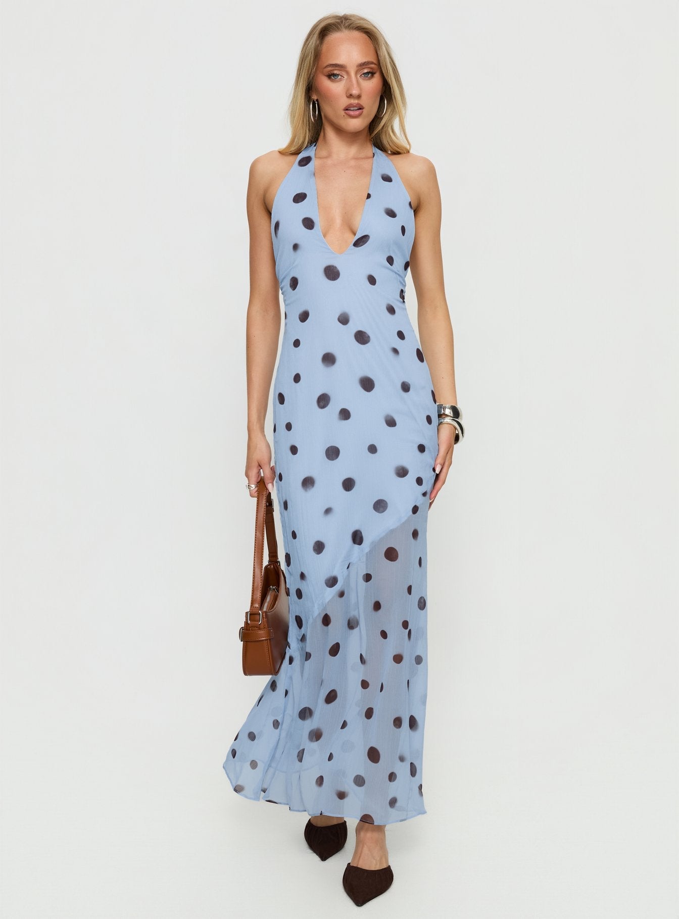 Oralee Halter Sheer Maxi Dress Blue / Polka Dot Princess Polly