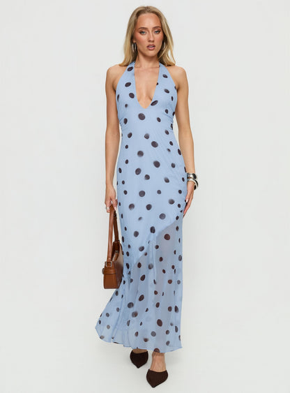 Oralee Halter Sheer Maxi Dress Blue / Polka Dot Princess Polly
