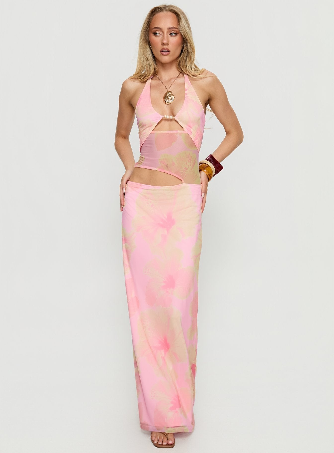 Dyanna Halter Mesh Maxi Dress Pink Floral Princess Polly