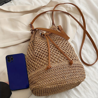 Simple Drawstring Straw Bucket Bag, All-Match Crossbody Bag, Lightweight Braided Shoulder Bag Beauty Fashion