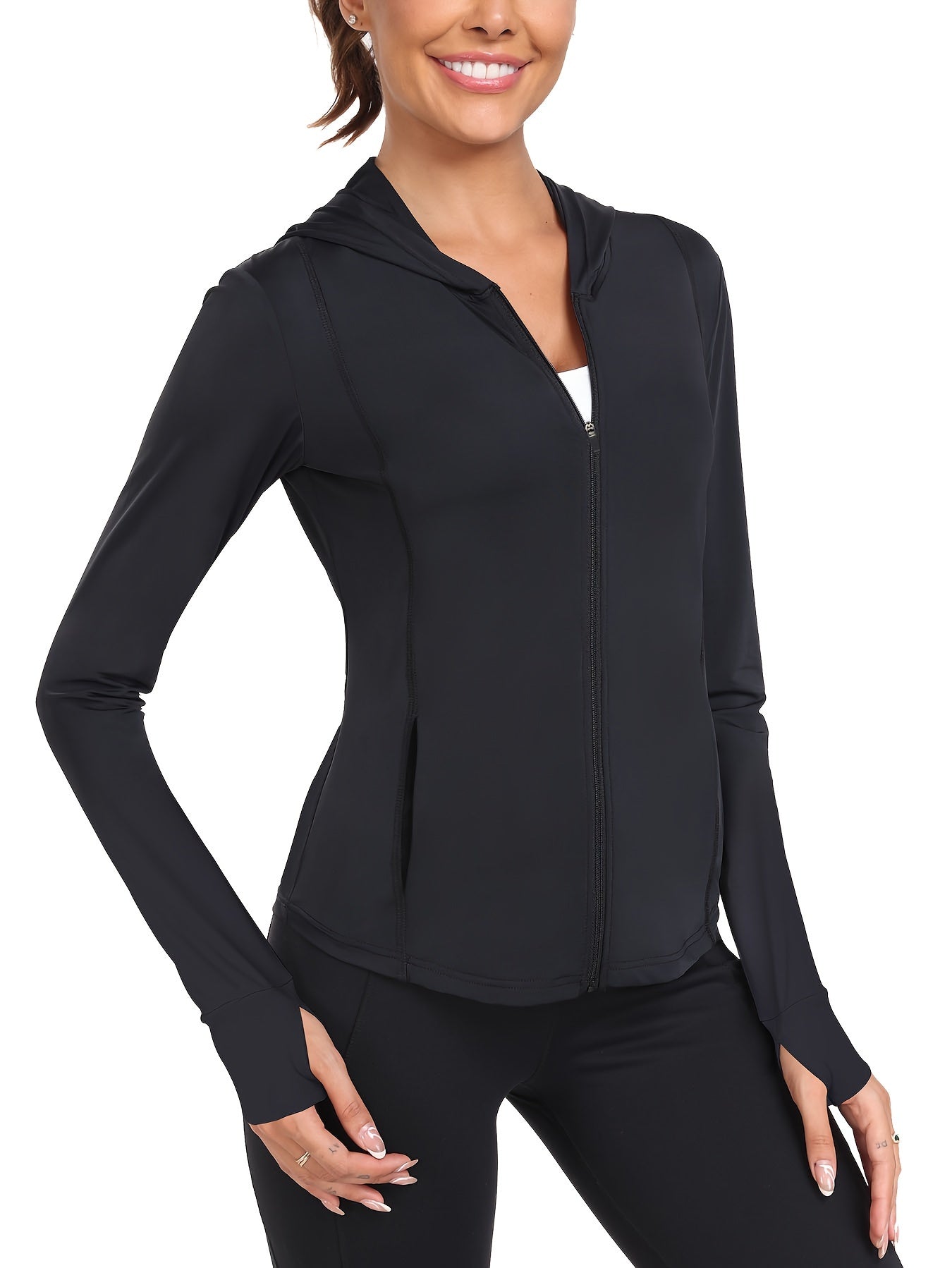 Women's Full-Zip Long Sleeve Sport Shirt with Thumbhole Design - Moisture-Wicking Protection Yoga Running Top, Light Blue All-Season Machine Washable Activewear, Running Shirt | Sporty Look | Stretchable Fabric Beauty World Shop