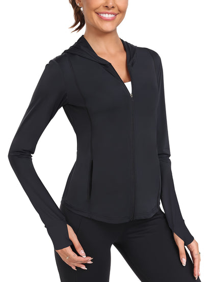 Women's Full-Zip Long Sleeve Sport Shirt with Thumbhole Design - Moisture-Wicking Protection Yoga Running Top, Light Blue All-Season Machine Washable Activewear, Running Shirt | Sporty Look | Stretchable Fabric Beauty World Shop