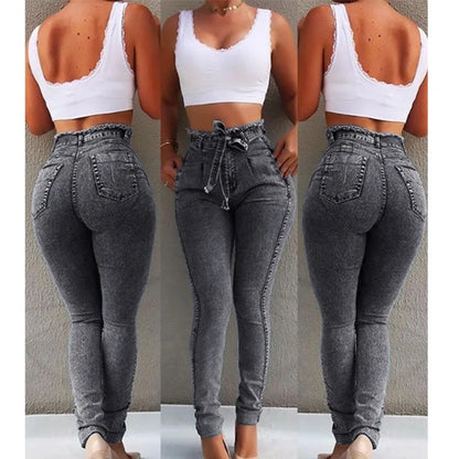 High Waist Jeans for Women Slim Stretch Denim Jean Bodycon Tassel Belt Bandage Skinny Push up Jeans Woman Clothe 4XL 5XL