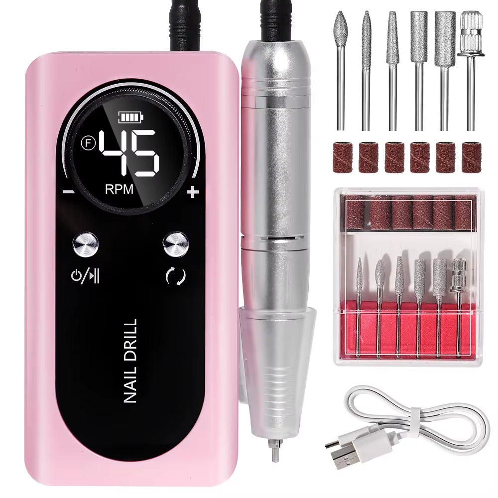 45000RPM Nail Drill Machine Electric Portable Nail File Rechargeable Nail Sander for Gel Nails Polishing for Home Manicure Salon