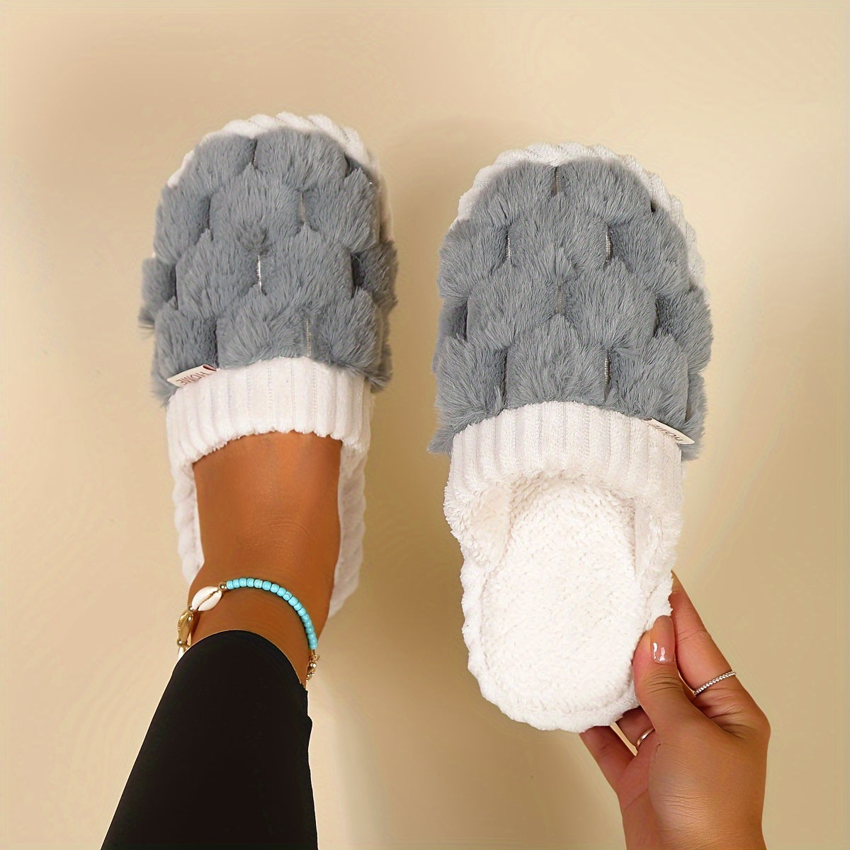 Colorblock Faux Fur Slippers, Casual Slip On Plush Lined Shoes, Comfortable Indoor Home Slippers Beauty Fashion
