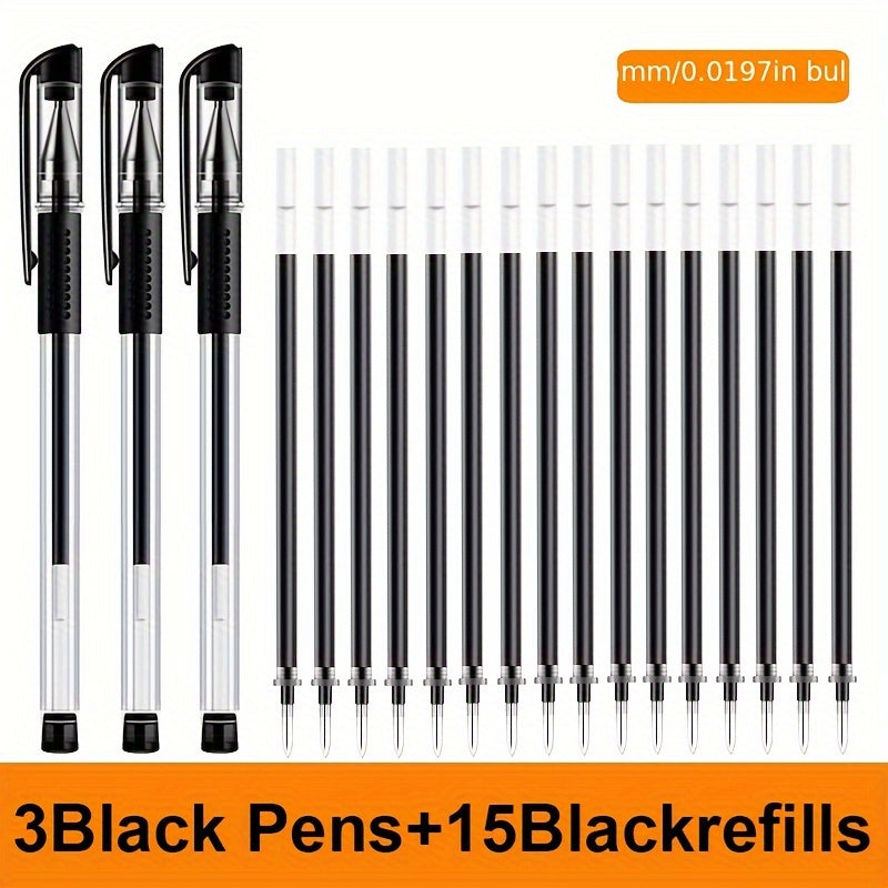 18pcs (3 Pens + 15 Refills) Gel Pen Set School Supplies Black Blue Red Ink Color 0.5Mm Ballpoint Pen Kawaii Pen Student School Office Stationery Beauty Fashion