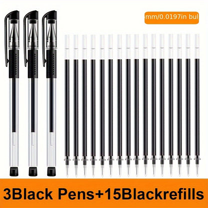 18pcs (3 Pens + 15 Refills) Gel Pen Set School Supplies Black Blue Red Ink Color 0.5Mm Ballpoint Pen Kawaii Pen Student School Office Stationery Beauty Fashion