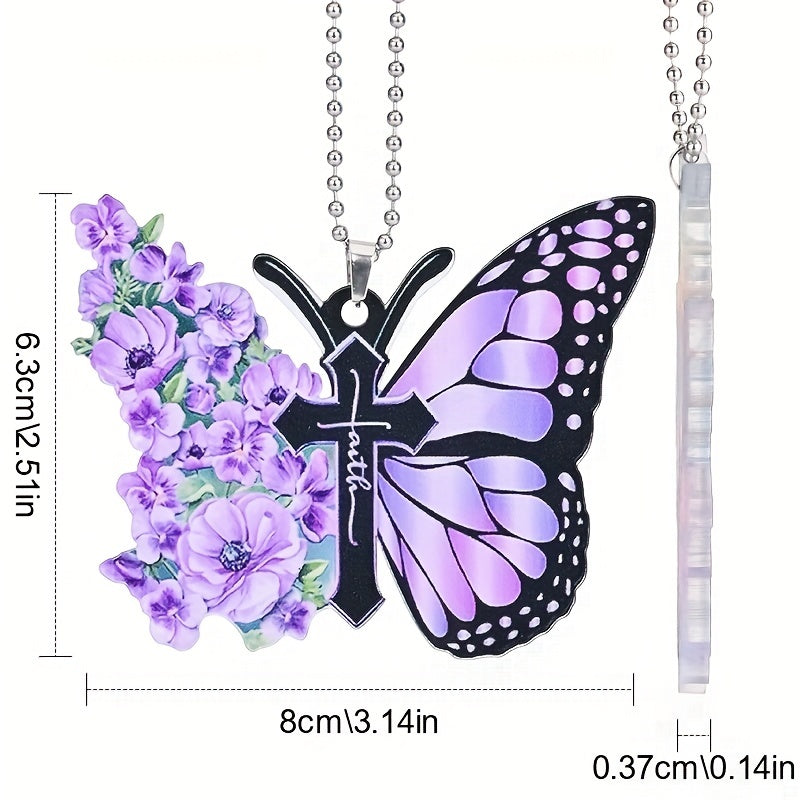 3pcs/set Flower Butterfly Jesus Cross Hanging Ornament, 2D Car Rearview Mirror Hanging Accessories, Keychain And Bag Pendants, Holiday Gift Beauty Fashion