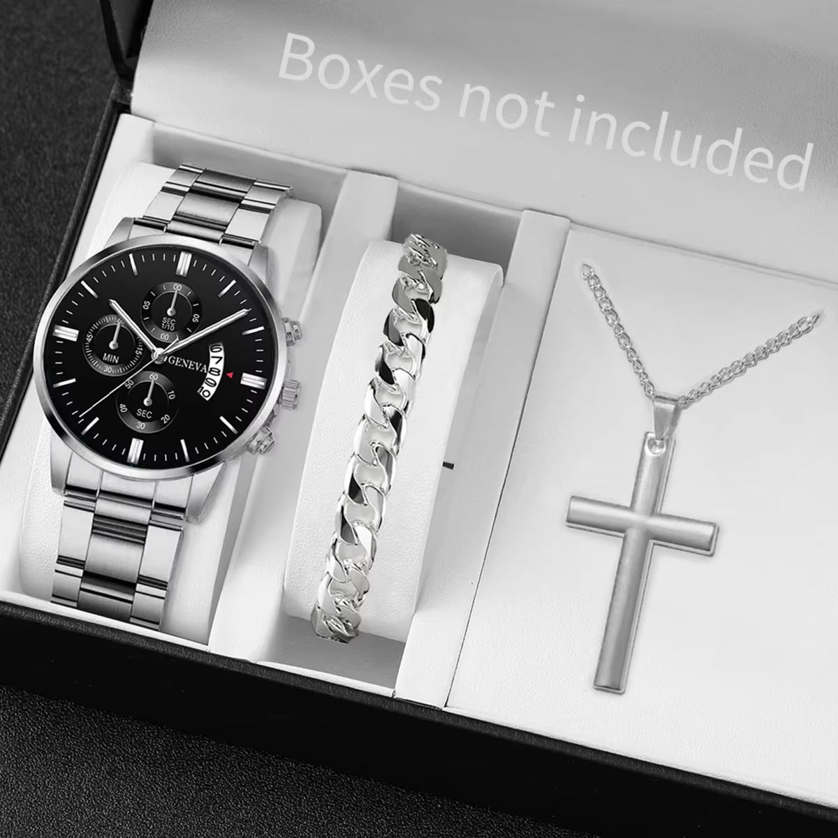 3PCS Men'S Watch Set Business Trend Classic round Dial Quartz Watch Bracelet Necklace Set Perfect Gift for Friends or Dad