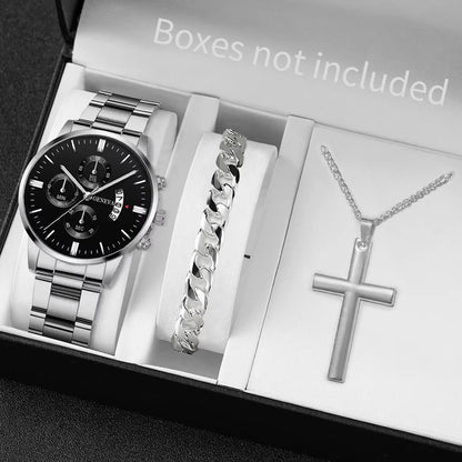 3PCS Men'S Watch Set Business Trend Classic round Dial Quartz Watch Bracelet Necklace Set Perfect Gift for Friends or Dad