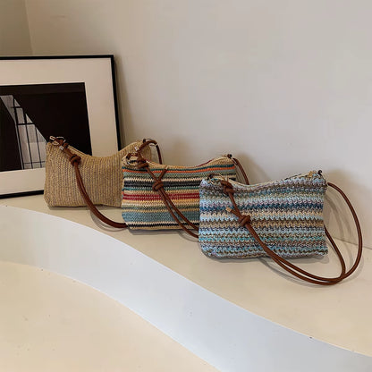 Women'S Striped Woven Straw Tote Bag - Lightweight Large Capacity with Detachable Coin Purse & Zip Closure for Beach Vacation