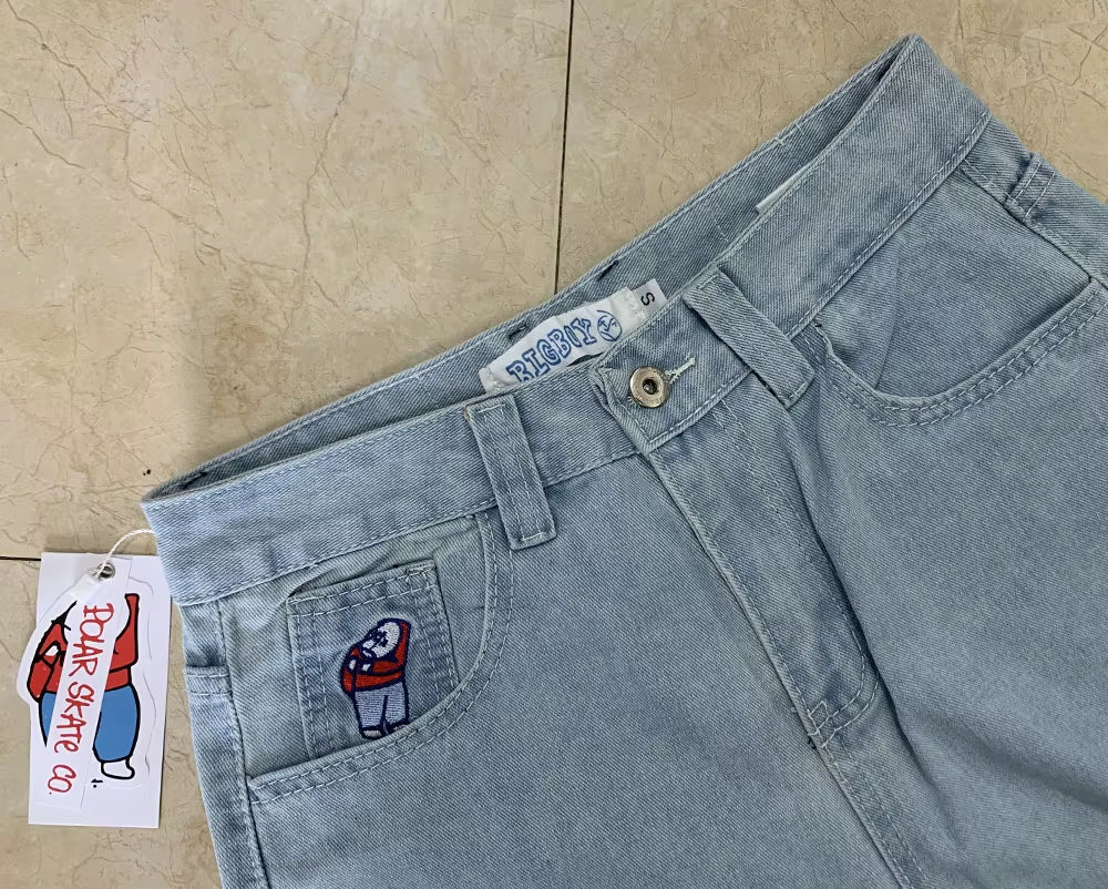 Embroidery Jeans Y2K Pants Streetwear Gothic Cartoon Blue Baggy Jeans Retro Punk Rock High Waist Denim Trousers