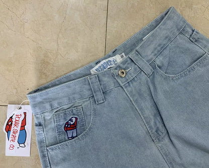 Embroidery Jeans Y2K Pants Streetwear Gothic Cartoon Blue Baggy Jeans Retro Punk Rock High Waist Denim Trousers