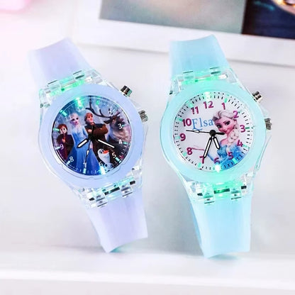Disney Children Watch Frozen Princess Pattern Led Glowing Flash Fashion Kids Quartz Student Wristwatch Boy Girl Holiday Gifts