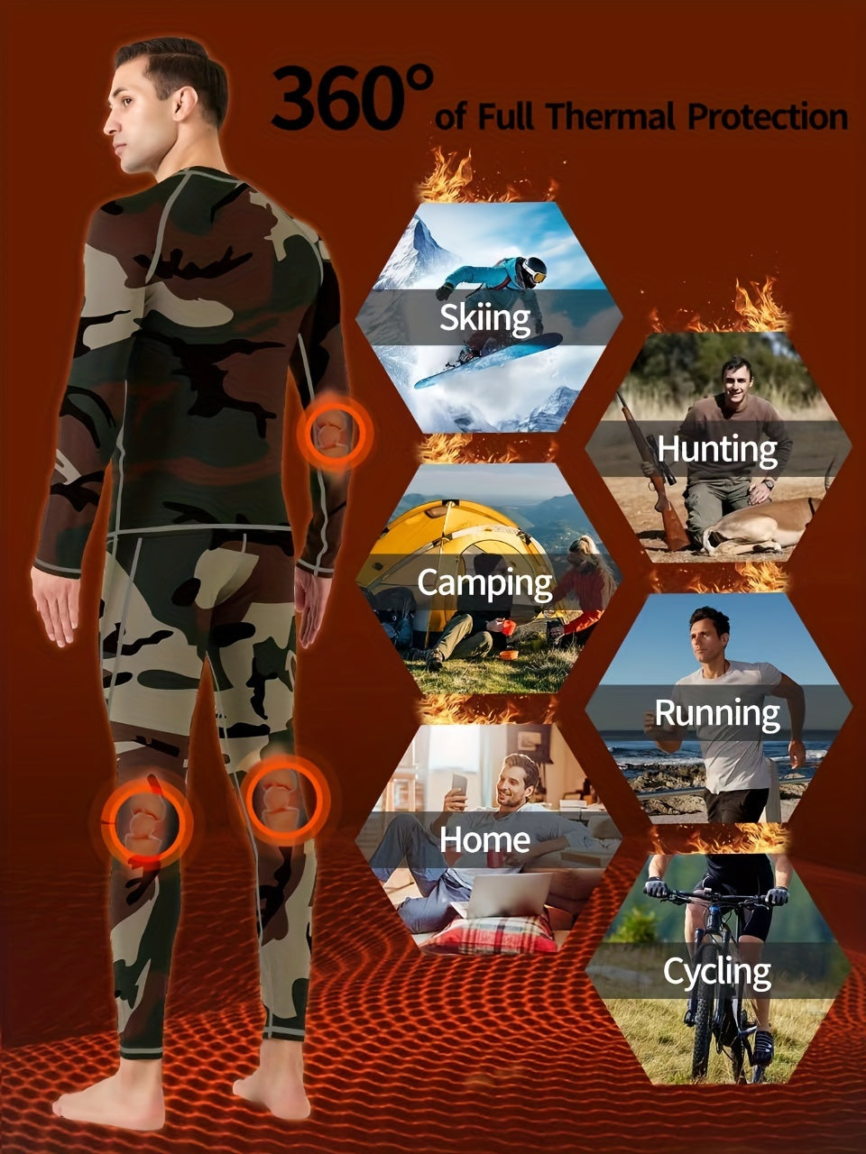 Camouflage Print Thermal Underwear For Men, Long Johns Set With Fleece, Winter Hunting Outdoor Running Cycling Ski Equipment Sports Yoga Fitness Base Layer Sport Top & Bottom