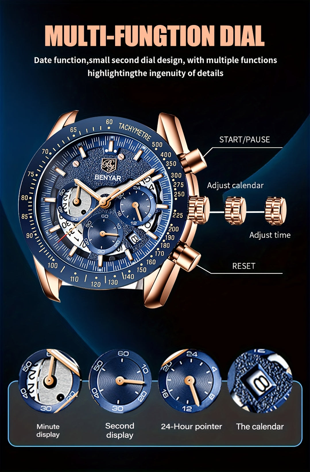 BENYAR Watches For Men Analog Quartz Chronograph Luminous Big Face Mens Watches Business Work Sport Casual Fashion Designer Dress Men'S Wrist Watches Elegant Gift For Men Beauty World Shop