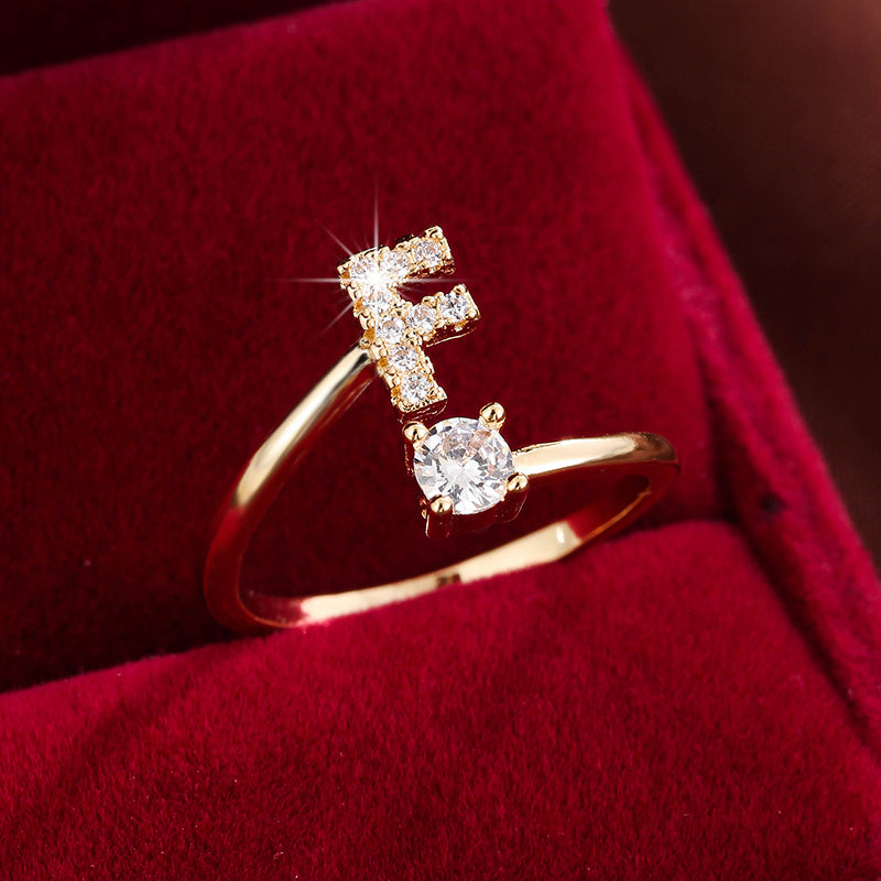 Fashionable 26 English Letters Four-Prong Synthetic Synthetic Zirconia Open Adjustment Ring Beauty Fashion
