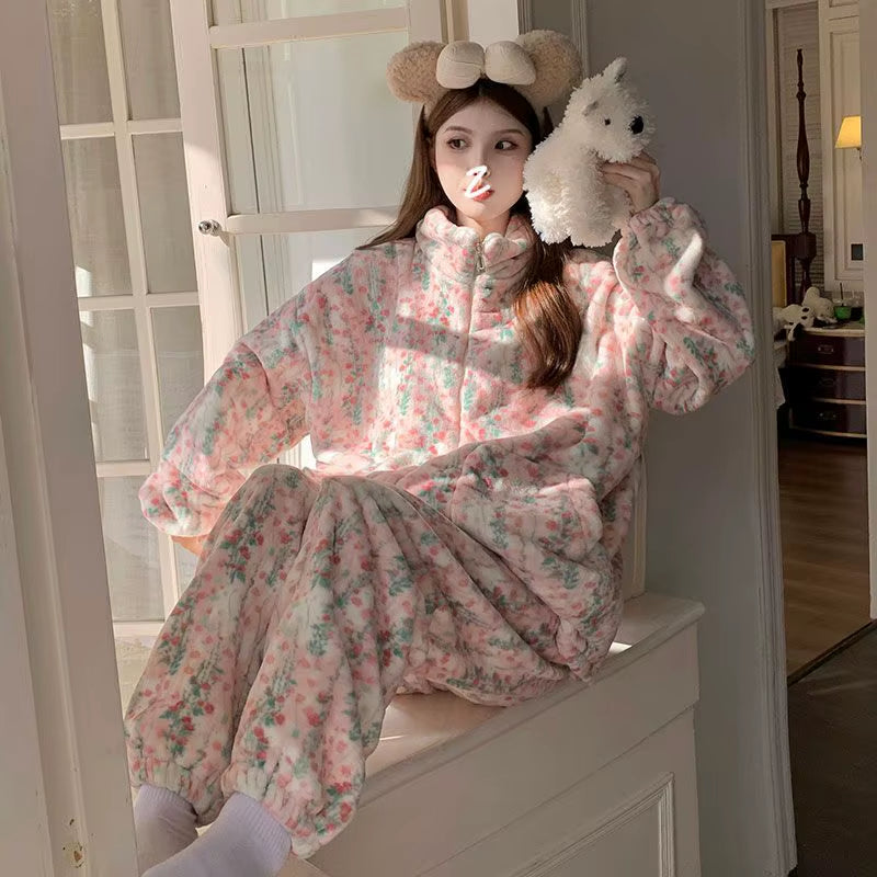 Coralline Fce Spwear Women'S Sle Winter New Flower Pattern Thiened Flannel Zipper Autumn Winter Home Clothes