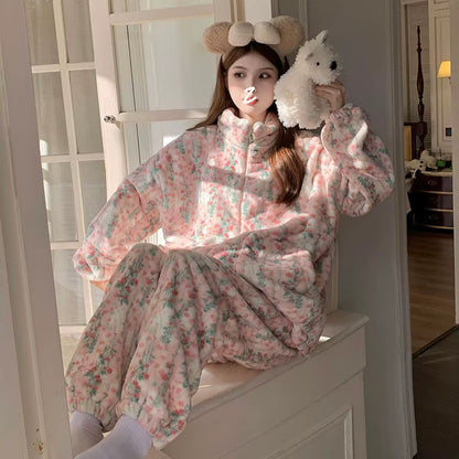 Coralline Fce Spwear Women'S Sle Winter New Flower Pattern Thiened Flannel Zipper Autumn Winter Home Clothes