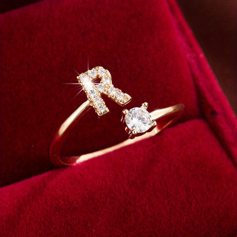 Fashionable 26 English Letters Four-Prong Synthetic Synthetic Zirconia Open Adjustment Ring Beauty Fashion