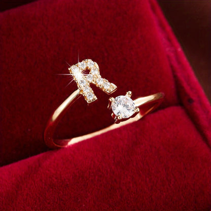 Fashionable 26 English Letters Four-Prong Synthetic Synthetic Zirconia Open Adjustment Ring Beauty Fashion