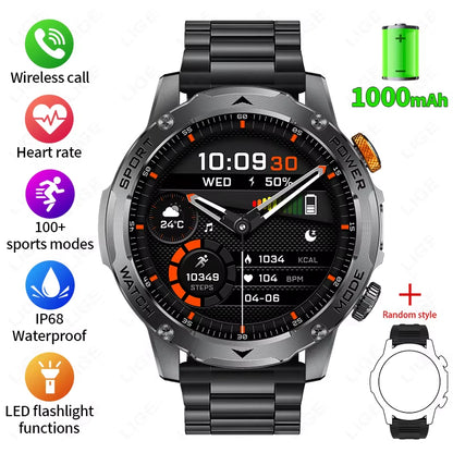 Military Smart Watch Men 1000Mah Battery Outdoors LED Flashlight Waterproof Heart Rate Sport BT Call 1.7" AMOLED Smartwatch