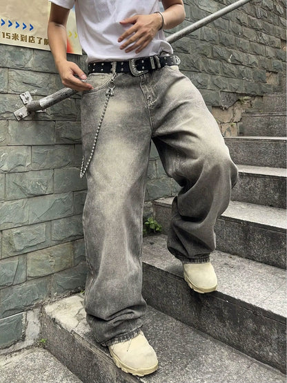 Vintage Men Y2K Stretchy Baggy Denim Jeans for Men Fashion Casual Pants Streetwear Denim Hip Hop Wide-Leg Straight Trousers