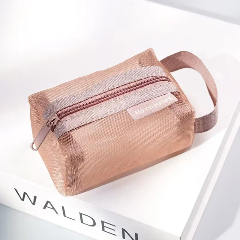 Mini Clear Nylon Mesh Cosmetic Bags Cute Women Small Lipstick Makeup Bags Pouch Data Line Key Earphone Organizer Case